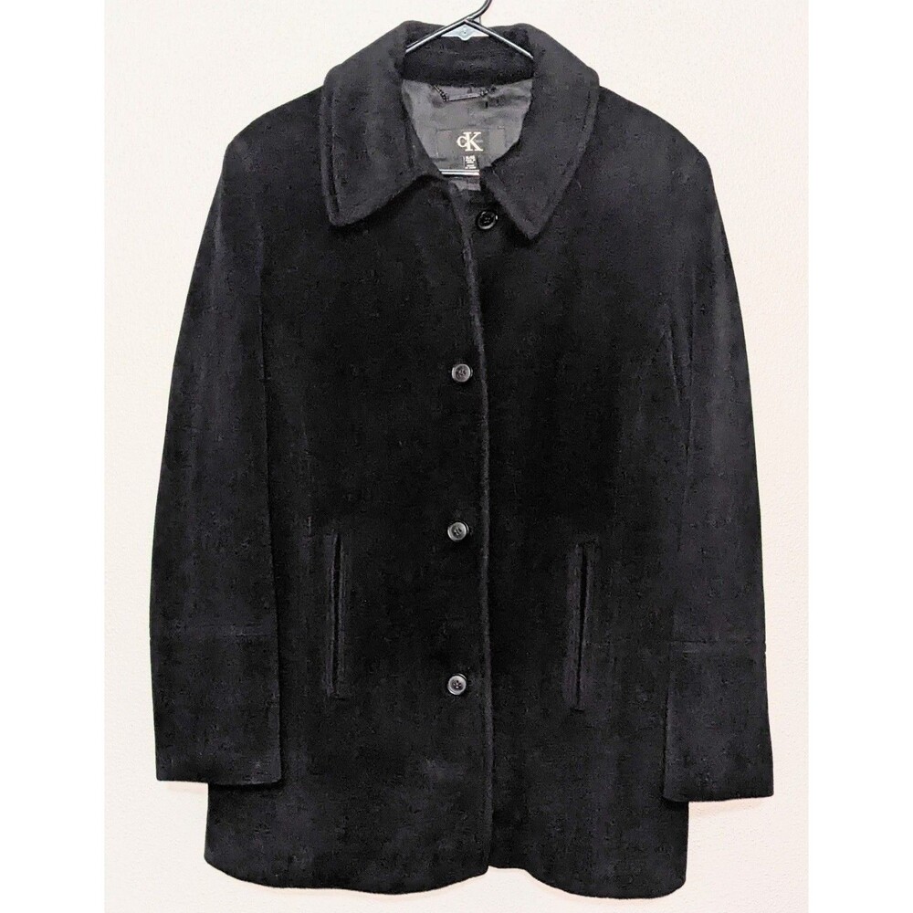 Calvin Klein Women's XL Classic Black Pea Coat Angora Rabbit Hair Wool Blend
